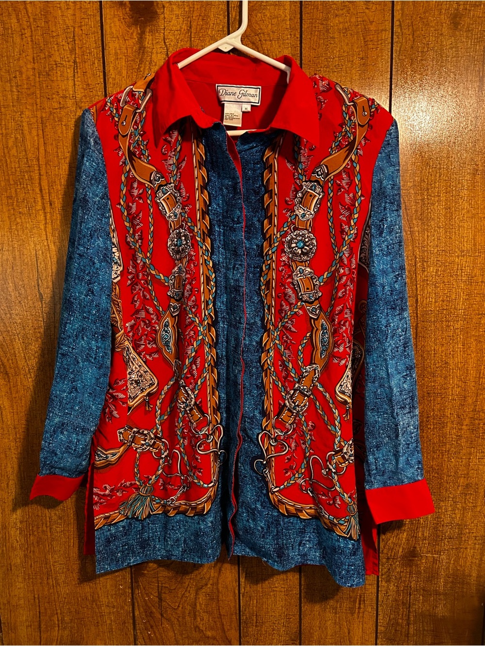 Diane Gilman Red and Blue Chain-Print Button Front Top